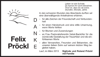 Traueranzeige von Felix Proeckl von Pegnitz-Zeitung